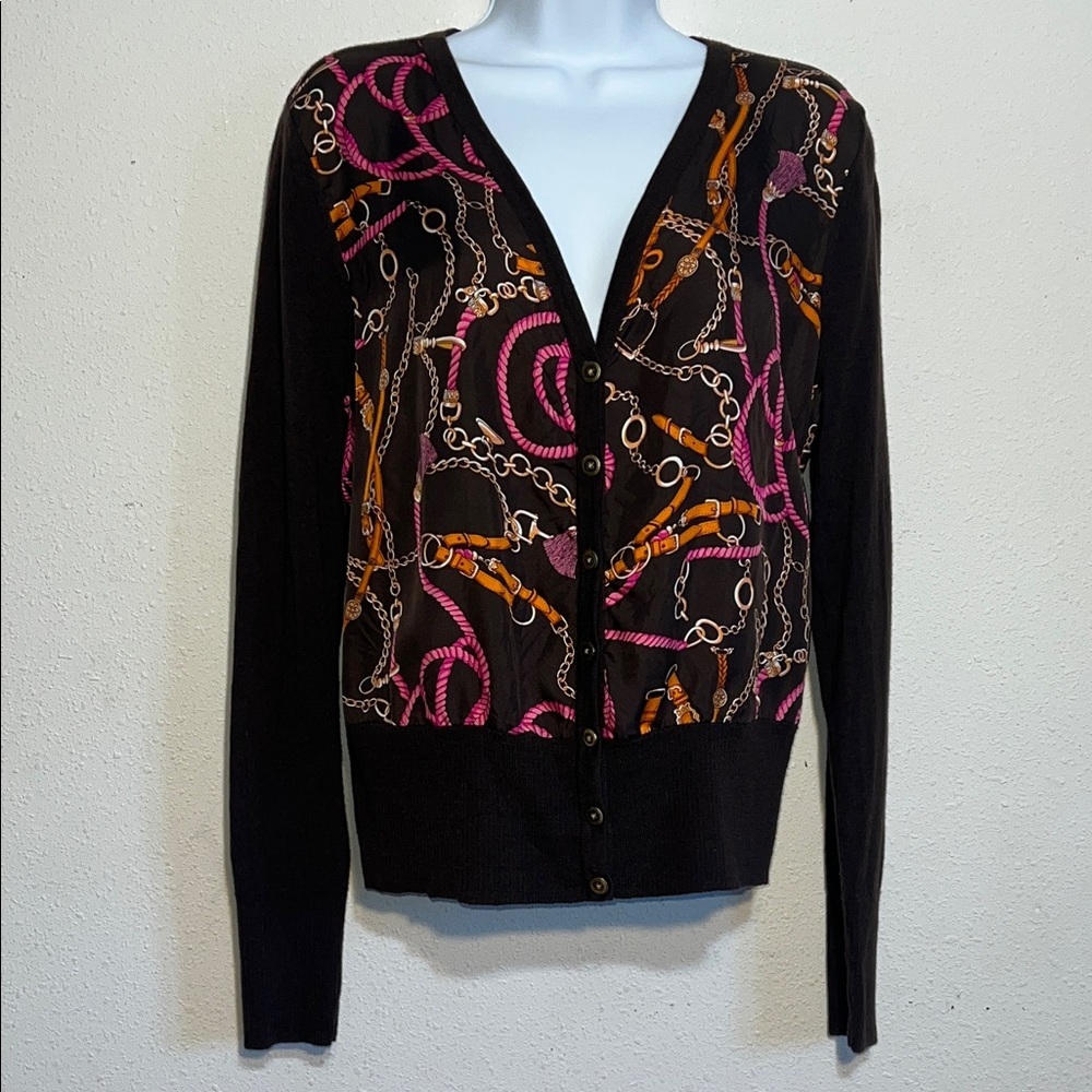 Talbots Silk Equestrian Scarf Print Merino Wool Button Front Cardigan Size Large